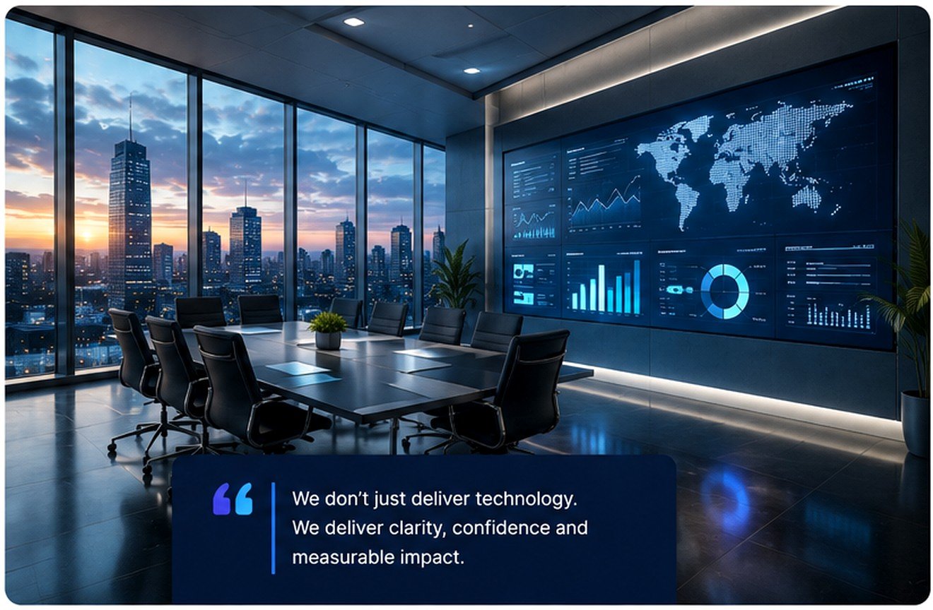 Premium technology boardroom with analytics dashboard